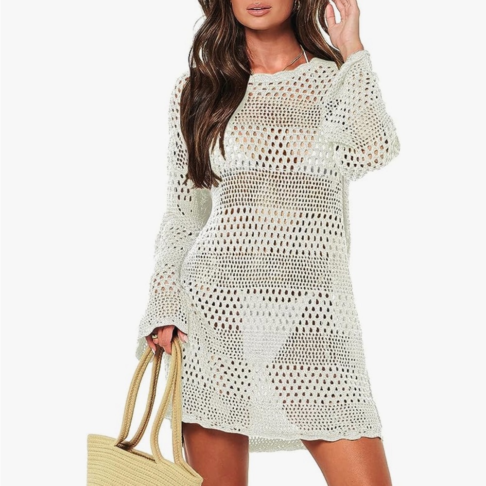 White Long Sleeve Crochet Swim Coverup Dress - Size: L